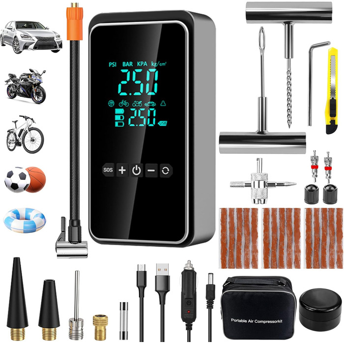 Електричний повітряний насос, портативний електронний повітряний насос з комплектом для ремонту шин, електричний компресорний вело