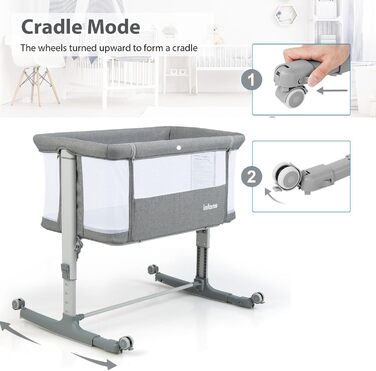 Дитяче ліжечко LIFEZEAL 3-в-1, 5-рівневе регульоване по висоті дитяче ліжечко, дитяча колиска/ліжечко для купання з матрацом, мобільне ліжечко на колесах з сумкою для перенесення, дитяче ліжечко для немовлят від народження до 9 кг (світло-сірий)