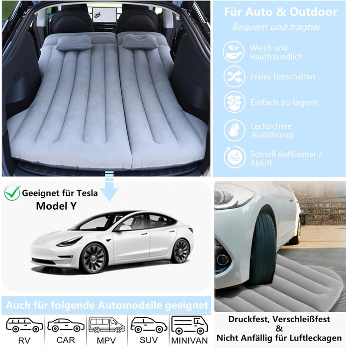 Надувний матрац для автомобіля, матрац для багажника автомобіля Model Y, позашляховика, автофургона, мінівена, кемпінгового матраца, надувний матрац 195x130, складне надувне ліжко для подорожей (сірий)