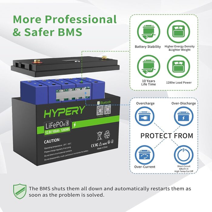 Розумний акумулятор 12V 100Ah LiFePO4 з Bluetooth, світлодіодним дисплеєм, вимикачем запуску та BMS, ідеальний літієвий акумулятор для автофургонів, гольф-карів, човнів та домашніх накопичувачів енергії. Розумний 12V 100AH Bluetooth