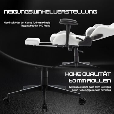 Ігрове крісло, біла шкіра, ігрове крісло з мікрофібри з підставкою для ніг, гоночне ігрове крісло з регульованими підлокітниками, поперекова подушка, підголівник, вантажопідйомність 180 кг, штучна замша - сталеві ніжки, білі