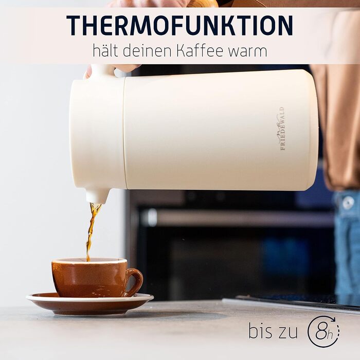 Френч-прес Friedewald Thermo - для кави та чаю - 1 л/8 чашок - для кемпінгу та дому - з подвійними стінками ізольований - Французький кавовий прес - Австрійська нержавіюча сталь - 8 год термоефектний крем/бежевий