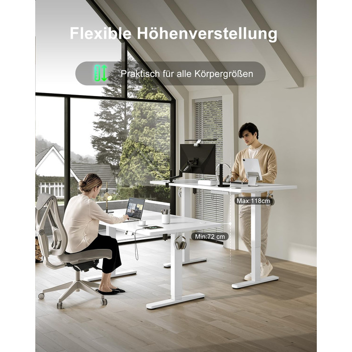 Стіл Devoko з регульованою висотою 160x80 см із зарядним портом Type-C, мобільний електричний комп&39ютерний стіл з лотком для кабелів та пам&39яттю на 3 функції, білий 160 x 80 см білий