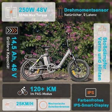 Складаний електровелосипед HANEVEAR H6-Light, електричні велосипеди з датчиком крутного моменту Акумулятор 48 В 14,5 Аг, запас ходу до 120 км Двигун 55 Нм 250 Вт 3,0-дюймовий Fat E-Bike, позашляховий електровелосипед Pedelec для чоловіків та жінок, сірого