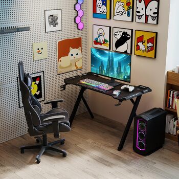 Ігровий стіл YUENFONG зі світлодіодним освітленням, комп&39ютерний стіл Y-подібної форми 140x60 см з вуглецевим волокном, ергономічний ПК-стіл, включаючи пульт дистанційного керування, підставку для чашки та гачок для навушників, чорний 140*60*75 см