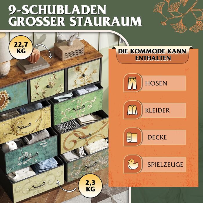 Комод WLIVE з 9 шухлядами з тканини, комод для спальні, комод для вітальні, з міцним сталевим каркасом, вінтажний принт