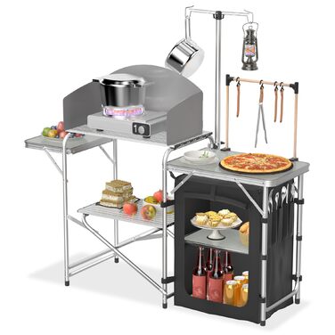 Складана кемпінгова кухня, кемпінгова шафа з алюмінію з 3 робочими поверхнями, відділенням для шафи, підставкою для світла та 4 гачками, вулична кухня, кемпінгова шафа