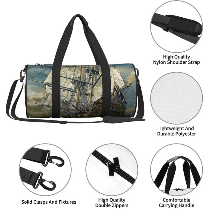 Спортивна сумка для подорожей Епоха відкриттів, з принтом корабля, чорна, універсальний розмір