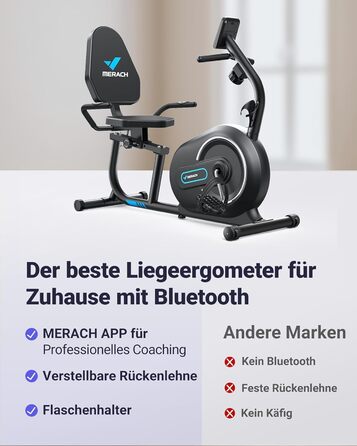 Велотренажер MERACH для домашнього використання з 8 регульованими рівнями опору, Smart Bluetooth, ексклюзивним підключенням до додатків, РК-дисплеєм, датчиками серцевого ритму та регульованою спинкою, синьо-чорний