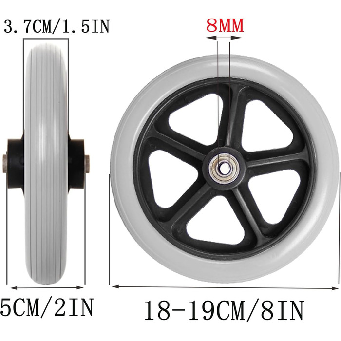 Колеса для інвалідних візків 6/7/8 дюймів переднє колесо, запасні колеса чорного кольору, 2 передніх колеса з твердими шинами, гвинтове кріплення, колеса для геріатричних автомобілів, для інвалідних візків, ролерів, ходунків сірі 18-19см/8дюймів