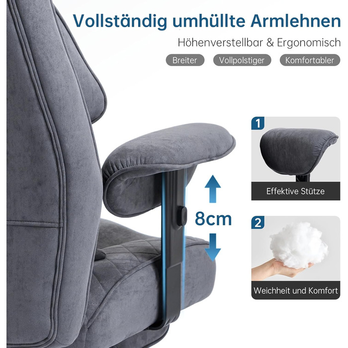 Ергономічне офісне крісло, вантажопідйомність 200 кг, крісло керівника з підставкою для ніг, робоче крісло з поперековою опорою, зручне широке сидіння XXL, потовщена оббивка, регульована висота, штучна замша сірого кольору