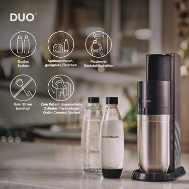 Виробник газованої води SodaStream DUO з циліндром CO2, скляною пляшкою 2 шт. 1 л і пластиковою пляшкою 2 шт. 1 л, яку можна мити в посудомийній машині, висота 44 см, колір титан, 29x25.6x44.4 Family Pack (4 пляшки та з балоном CO)