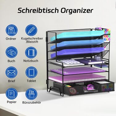 Рівневий настільний органайзер металевий лоток для листів з 4 плоскими та 3 кутовими лотками, тримач для паперу та документів зі знімним тримачем для ручок, компактний офісний органайзер, чорний, 7-