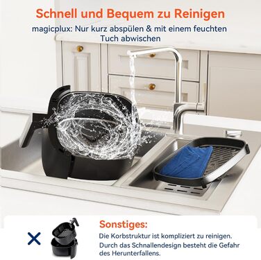 Фритюрниця magicplux 5.5 л XXL, фритюрниця 1500 Вт з 13 попередньо запрограмованими, з цифровим світлодіодним сенсорним екраном, технологія рівномірного нагрівання X CYCLONE AIR, з 21 рецептом, можна мити в посудомийній машині, чорний без вікон