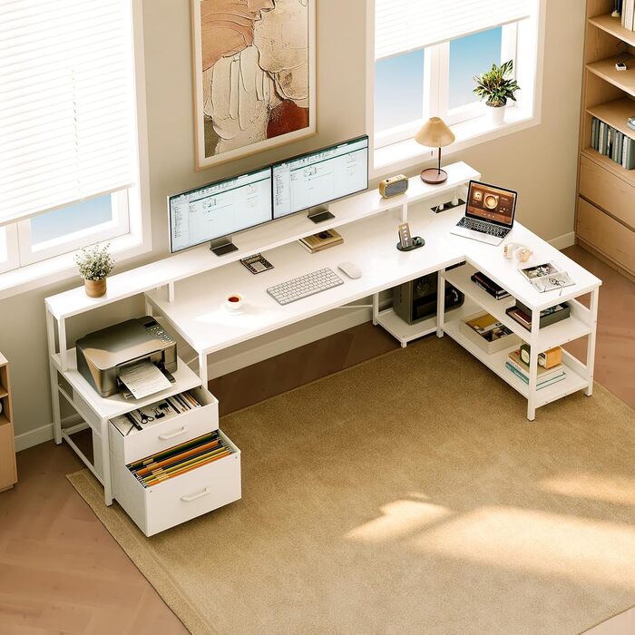 Письмовий стіл ODK з шухлядами, 189,3100 см, двосторонній кутовий стіл, великий, з 2 розетками та портом зарядки USB, L-подібний стіл з місцем для зберігання, ігровий стіл для домашнього офісу, білий 189,310088,7 см