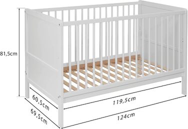 Дитяче ліжко Nelly 120x60 см Дитяче ліжко Біле Букове дерево Регульована висота у 2 напрямках 3 знімні перекладини Сертифіковано EN 716