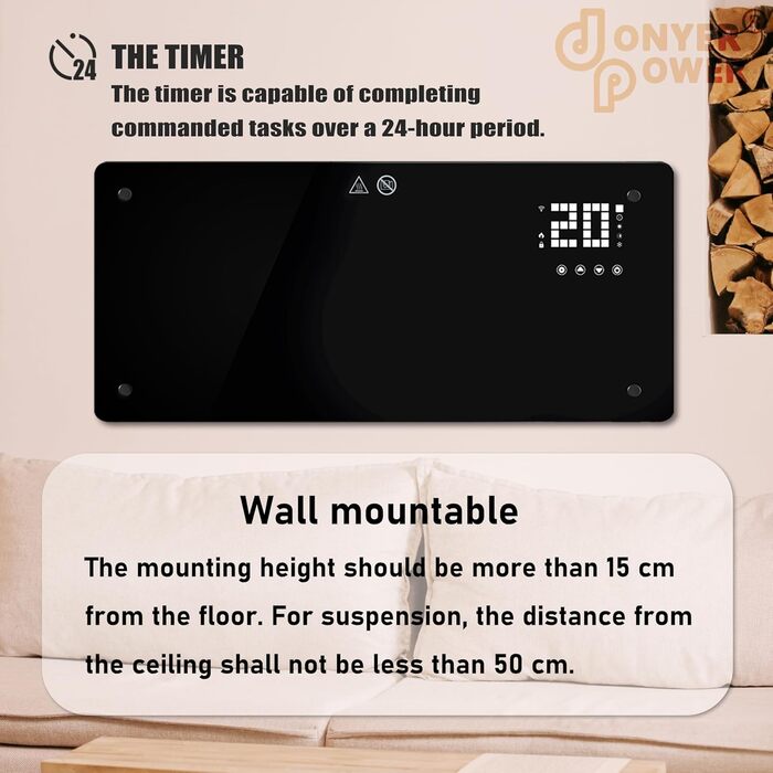 Конвекторний обігрівач DONYER POWER 2500 Вт, ультратонкий настінний або окремостоячий, 24-годинний таймер з пультом дистанційного керування та Wi-Fi, чорна скляна панель, 2,5 кВт, чорний