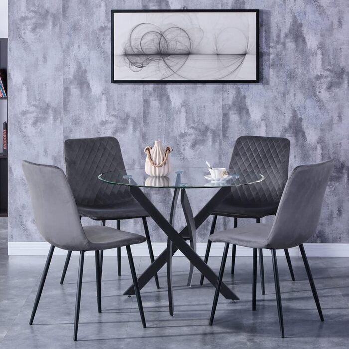 Обідній стіл GOLDFAN Скляний стіл для вітальні Маленький круглий скляний стіл Кухонний стіл Сучасний стіл з чорними ніжками для вітальні Офіс Кухня Скло 4 Чорний