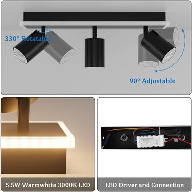 Стельовий точковий світильник Klighten 3 полум'я чорний, 3 розетки GU10 світлодіод 8,5 Вт, стельовий прожектор поворотний, поворот