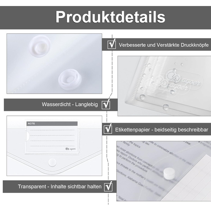 Підсумок для документів Agoer на 48 предметів A4 на липучці, ширші розміри Гаманець для документів A4 для подачі, A4 прозорий з 11 перфорованим краєм для впорядкування документів з кишенею для етикеток (кнопка фіксації 42 шт. )