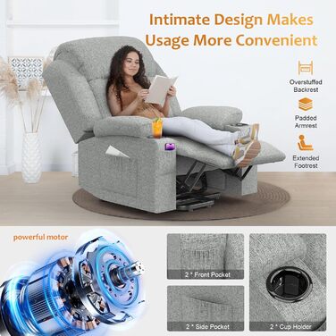 Електричне регульоване крісло-реклайнер з функцією підйому та масажу, підходить для людей похилого віку, 2 бічні кишені та підстаканники, порт USB Type-C