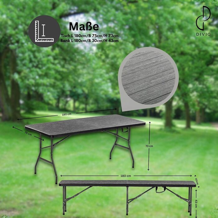 Набір для пивного саду DIVID, 3 предмети Стіл 2 лавки Для використання в приміщенні та на вулиці Складаний з ручками для перенесення ВxШxГ 73x180x75 см Садовий стіл (DIV-200/WOOD Set)