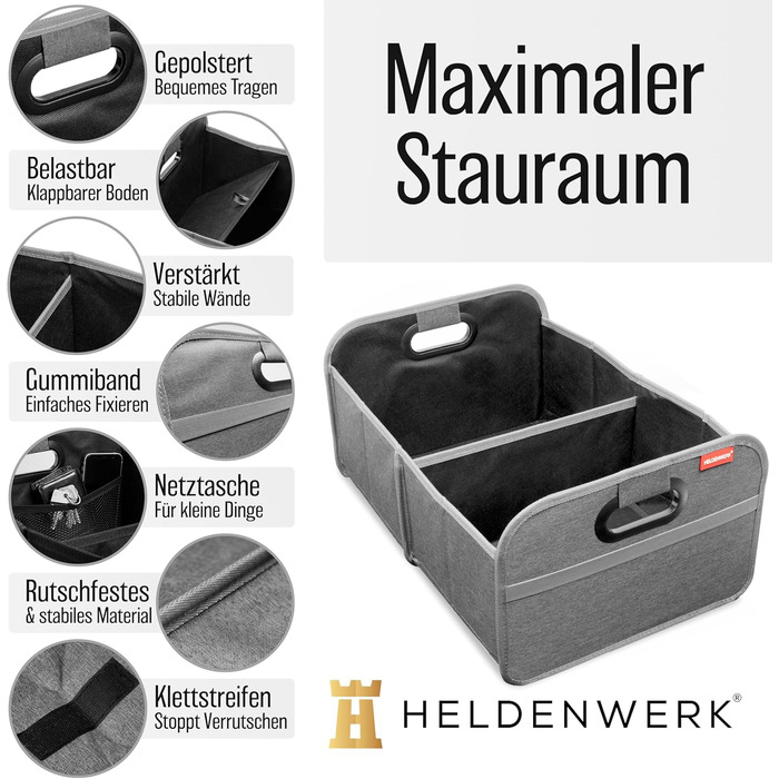 Сумка для багажника HELDENWERK, складана з антиковзким кріпленням на липучках - органайзер для авто, складана коробка для покупок, посилена та міцна, сіра