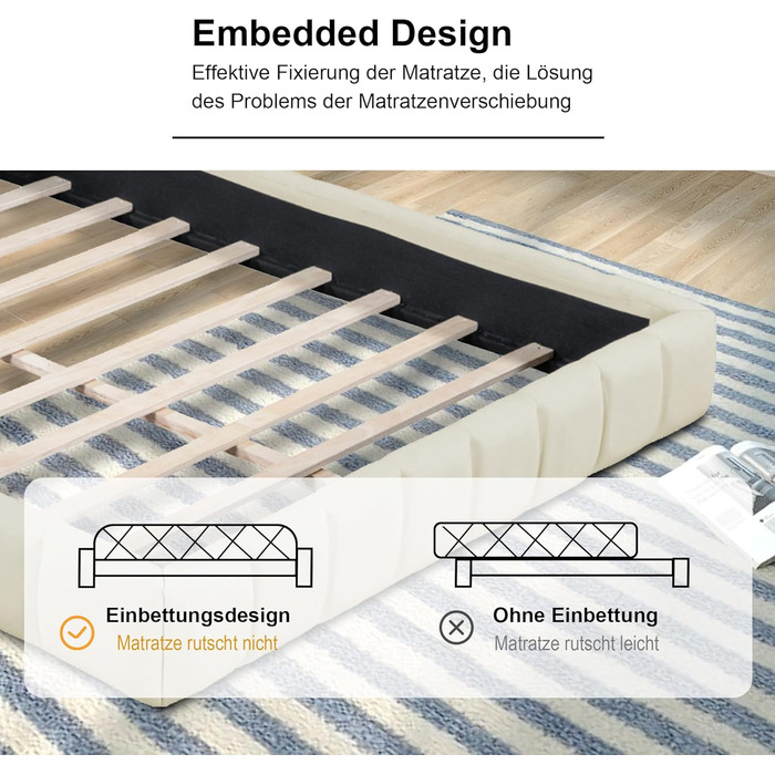 Ліжко DULLLLY Bubble 140x200, Ліжко 140x200 з рейковою основою, Дитяче ліжко з м&39яким узголів&39ям, М&39який каркас ліжка для спальні та гостьової кімнати, без матраца, Льняна тканина (бежевий) 140x200 білий