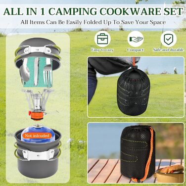 Набір посуду Herbst для кемпінгу, 11 предметів міні-плита, складаний газовий пальник, каструля та складальні столові прибори, серветки для чищення для пікніків та походів на природі