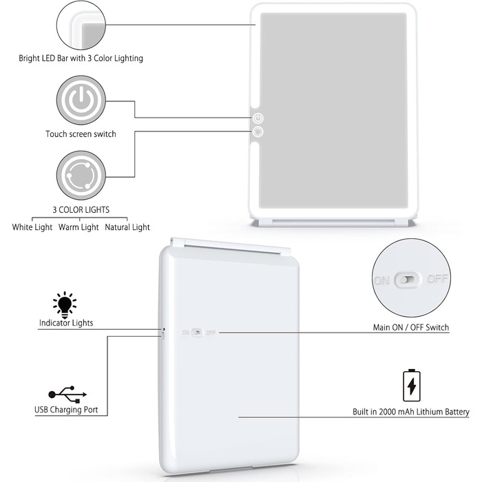 Дзеркало для макіяжу WEILY з підсвічуванням, косметичне дзеркало ТРИ кольори регульоване світлодіодне косметичне дзеркало, настільне дзеркало з підсвічуванням 2000 mAh USB, дзеркало для макіяжу для подорожей (біле)