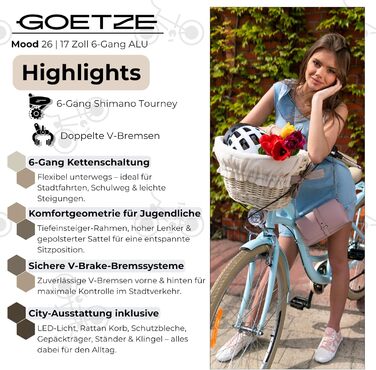 Дитячий велосипед Goetze Mood 26 дюймів, 17-дюймова алюмінієва рама з кріпленням, 6-швидкісний перемикач швидкостей, подвійні V-подібні гальма, світлодіодне освітлення, кошик з ротанга, комфортне сідло, з бічною підставкою та дзвінком, світло-блакитний