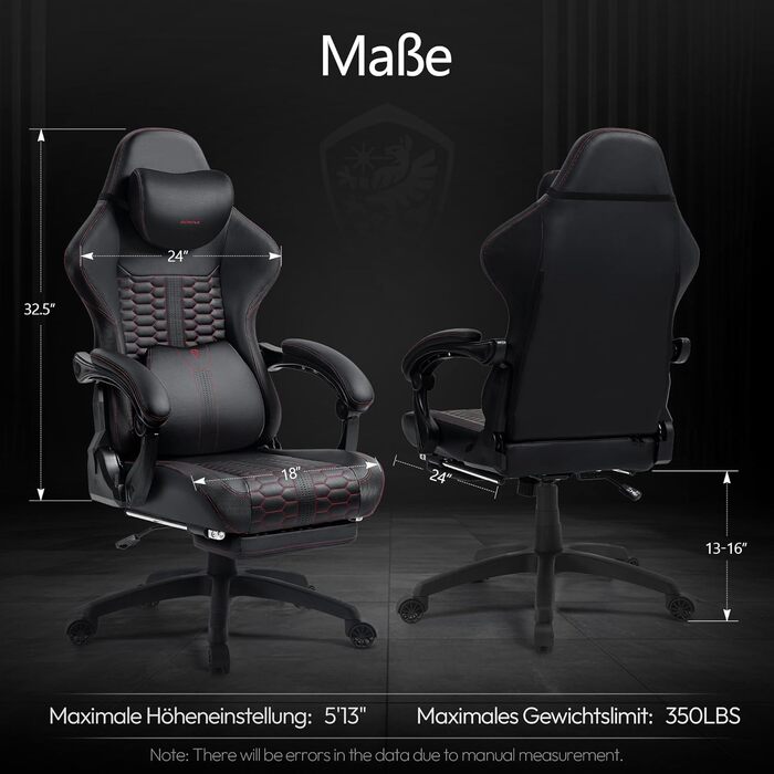 Ігрове крісло Dowinx велике та високе з масажною поперековою опорою, ігрове крісло з підставкою для ніг, ергономічне комп&39ютерне крісло, шкіра PU, 180 кг, чорний колір