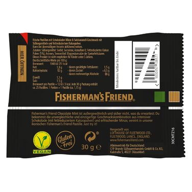 Шоколадна м'ятна солона карамель Fisherman's Friend, пастили з шоколадними цукерками, зі смаком м'яти та солі та карамелі, веганські солодощі без цукру, 20 x 30г