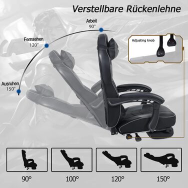 Ігрове крісло Fullwatt, ергономічне офісне крісло для гонок з функцією масажу, підставка для ніг, регульована спинка 90-150, знімний підголівник та поперекова опора, шкіра штучна, сірий та чорний, для дорослих