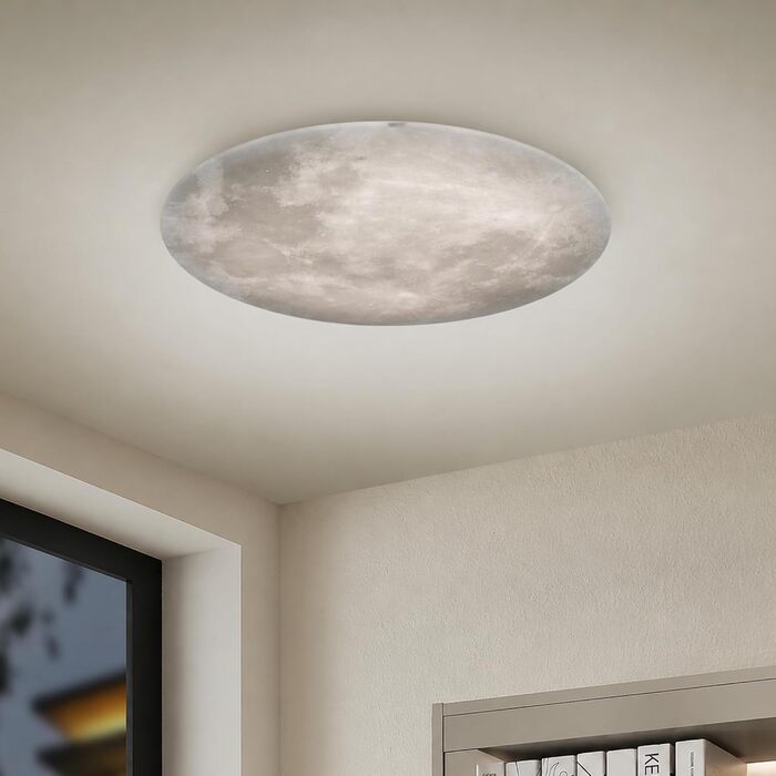 Стельовий LED-світильник Trio Leuchten Lunar 627514000, акрил з мотивом місяця, змінні фази місяця, 1 x 22 Вт LED, регулювання яскравості, функція нічного підсвічування, з пультом ДК, білий, діаметр 40 см