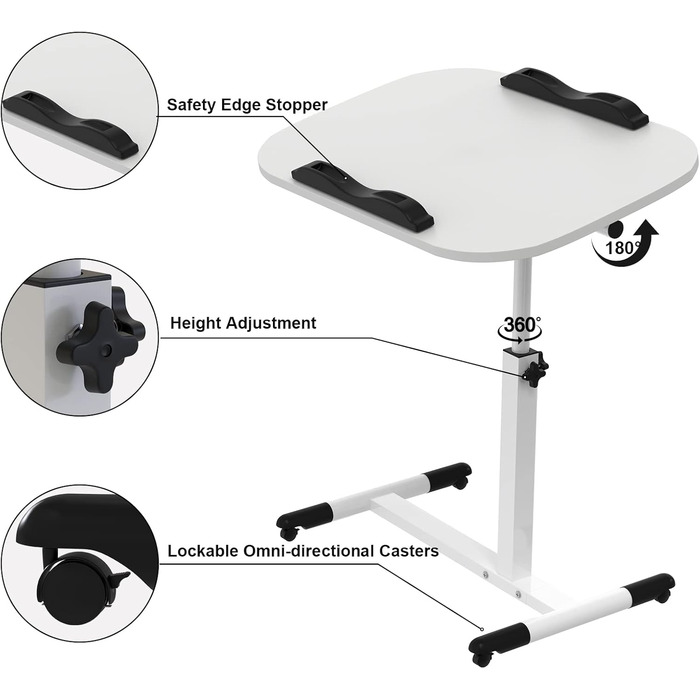 Невеликий розкладний стіл, бічний столик на колесах, регульований по висоті, комп&39ютерний стіл, мобільний стіл для роботи стоячи, ергономічний, поворотний на 360 (білий, 60 x 40 x 61 95 см) 60x40x61-95 см Білий