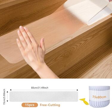 Килимки для сходів Прозорі протиковзкі килимки 15X80 Самоклеючі килимки для сходів Нековзні смужки для сходів Протиковзкі смужки для сходів Водонепроникні для дерев&39яних сходів, 15 шт.