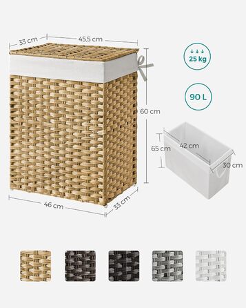 Кошик для білизни 90 літрів, ручне плетіння, з синтетичного ротангу, з кришкою та ручками, складаний, знімний мішок для білизни, н
