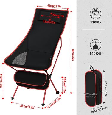 Складаний кемпінговий стілець eSituro, легкий складний стілець, рибальський стілець з сумкою для перенесення, складний стілець з високою спинкою, відкритий пляжний кемпінговий стілець, для риболовлі, пікніків, походів, 1 чорний червоний