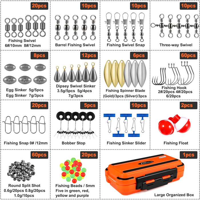 Набір рибальських снастей PLUSINNO з 253 предметів, коробка з рибальськими аксесуарами, рибальські гачки, рибальські вантажі, грузила, блешні, рибальське спорядження для окуня, блакитного окуня, краппі, риболовля