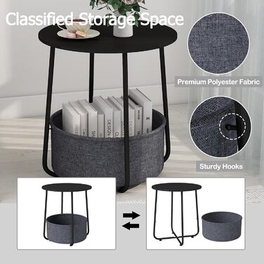Круглий журнальний столик LIFEZEAL, сучасний столик для вітальні зі знімним кошиком для зберігання з тканини, тумбочка, маленький столик для вітальні, спальні, офісу (чорний темно-сірий)