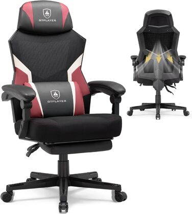 Ігрове крісло GTPLAYER з підставкою для ніг, ергономічне офісне крісло з сітчастою спинкою, тканинне ігрове крісло для дому та офісу, червоне, велике