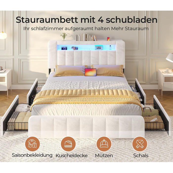 М&39яке ліжко 140x200 см з місцем для зберігання - 4 шухляди, Дитяче ліжко зі світлодіодним освітленням та зарядною станцією, Двоспальне ліжко з оксамитовим узголів&39ям, Ліжко 140x200 з рейковим каркасом - Матрац не входить до комплекту, Бежевий оксамит 