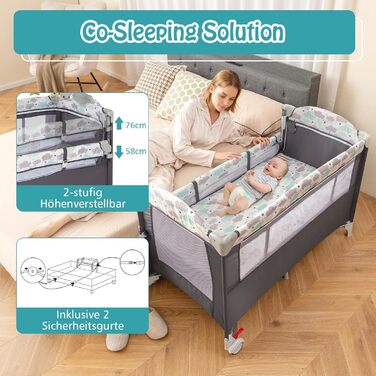 Дитяче ліжечко DREAMADE 120 x 60 см з колесами, дорожнє ліжечко 4 в 1 з матрацом, складне дитяче ліжечко як пеленальний столик та манеж, дорожнє ліжечко для малюків від народження (сіре)