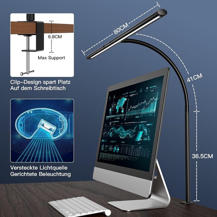 Настільна лампа світлодіодна з керуванням жестами та пультом дистанційного керування, 24 Вт 80 см затискна лампа для монітора з ре