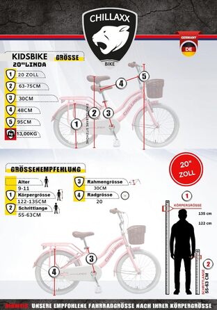 Дитячий міський велосипед Chillaxx Bike Linda Premium 20 дюймів - Велосипед для дівчаток, хлопчиків, голландський велосипед, міський велосипед, дитячий велосипед, підходить для 6, 7, 8, 9, 10, 11 років, рожевий