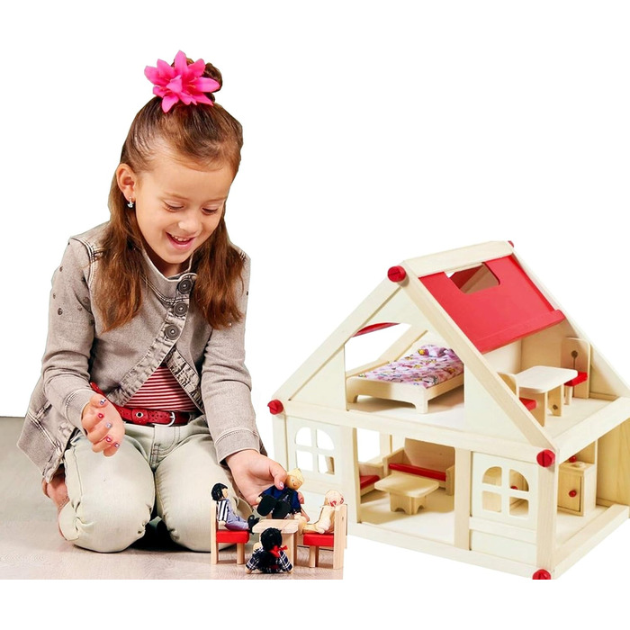 Дерев&39яний ляльковий будиночок Іззі з 2 поверхами, 4 ляльками та 9 предметами меблів Ручка для перенесення (Дитячий ляльковий будиночок з 2 поверхами, меблями та аксесуарами) - (38 x 27 x 39 см) 2-поверховий ляльковий будиночок