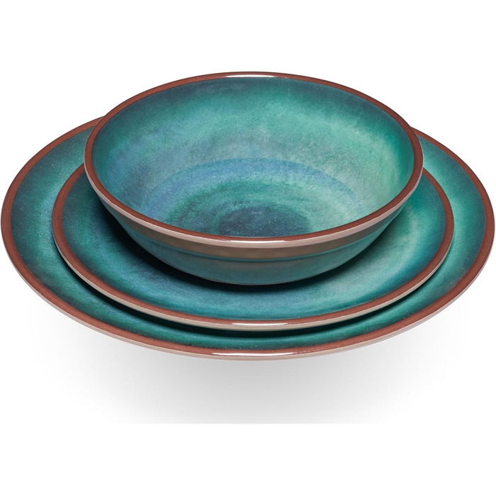 Набір меламінового посуду Jesolo зелений для 2 осіб - з чашками з нержавіючої сталі, вигляд кераміки, можна мити в посудомийній машині, кемпінговий посуд, караван, кемпінг, фестиваль - чашка з нержавіючої сталі бірюзового кольору