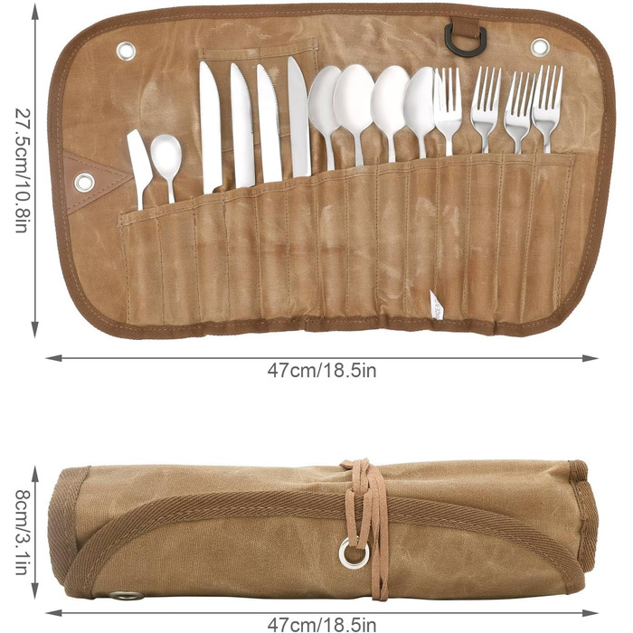 Набір із 14 виделок та ложок, сумка для столових приборів для використання на вулиці, набір столових приборів для кемпінгу, дорожні столові прибори з сумкою для зберігання, портативний набір столових приборів для кемпінгу, багаторазовий, для пікніків та в
