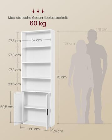 Колекція Custos - Книжкова полиця, висока 6-ярусна, окремостояча полиця з дверцятами, відкрита полиця для зберігання, 24 x 60 x 175 см, для вітальні, домашнього офісу, їдальні, хмарно-білий LBC402W01 60B см хмарно-білий